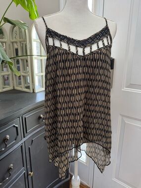 Beige & Navy Patterned Handkerchief Hem Spaghetti Strap Top